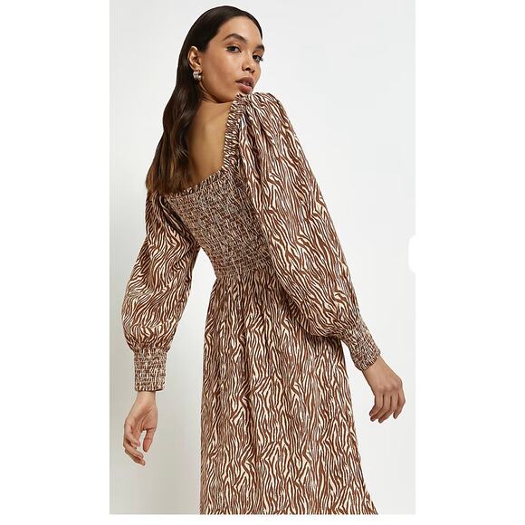 River Island Womens 100% Viscose Size 10 Brown Animal Print Shirred Midi Dress - Picture 1 of 13